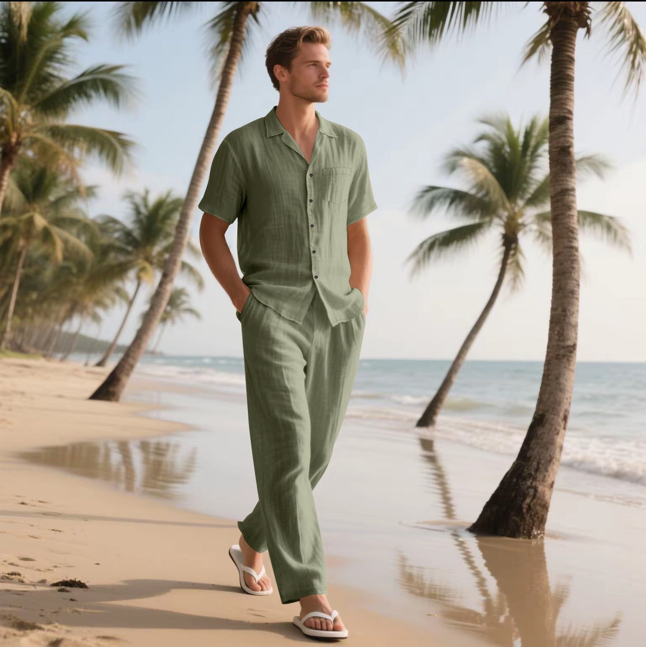 Men's Set with Shirt and Pants – Linen – Relaxed Fit – Short Sleeve – Elastic Waist