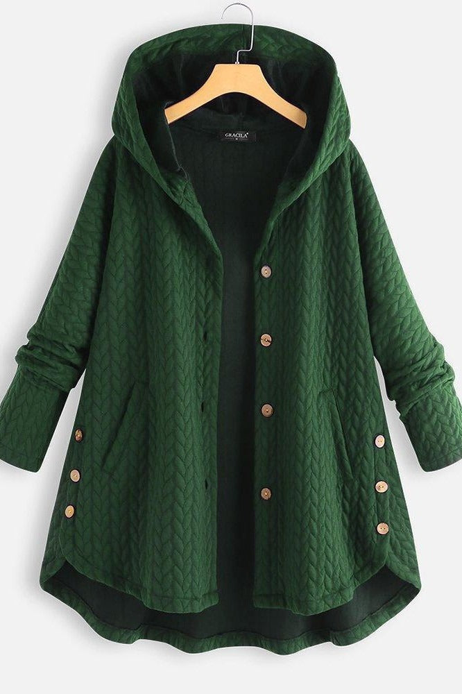 Women's Coat with Hood – A-line Cut – Quilted Wool – Knee-length – Button Fastening