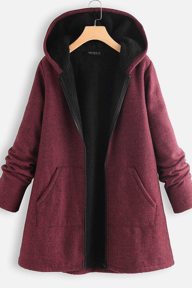 Women's Coat with Hood – Wool Texture – Fleece Lined – Oversized Fit – Zipper
