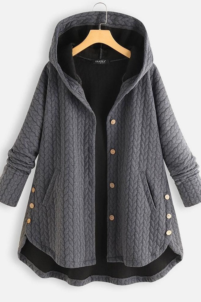 Women's Coat with Hood – A-line Cut – Quilted Wool – Knee-length – Button Fastening