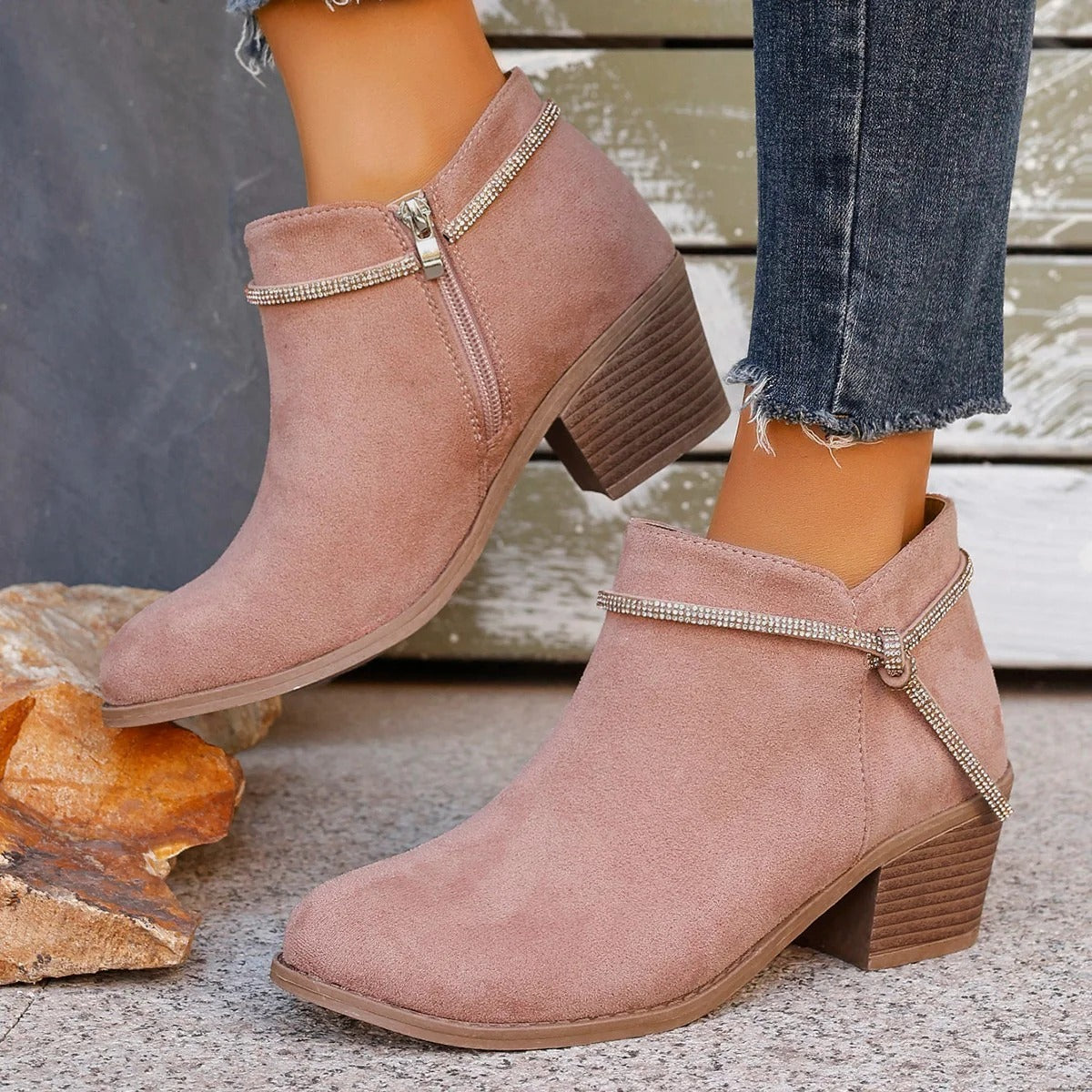 Women's Ankle Boots – Suede Look – Adjustable Detail – Chunky Heel – Zipper