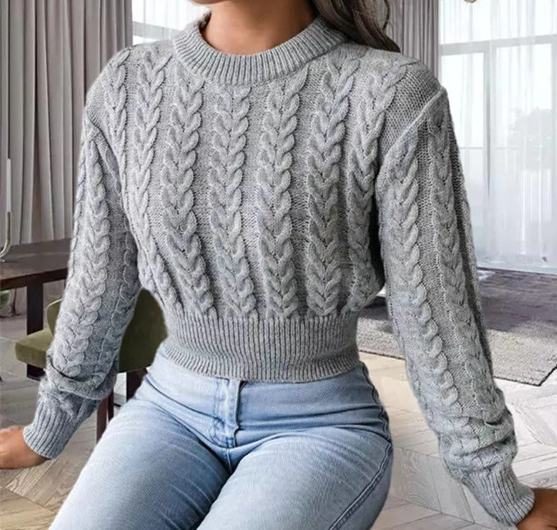 Women's Sweater – Classic Fit – Wool Feel Knit – Cable Knit – Round Neck – Long Sleeves