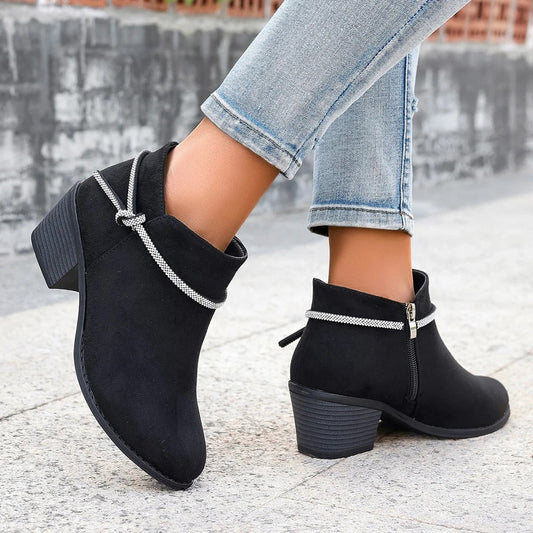 Women's Ankle Boots – Suede Look – Adjustable Detail – Chunky Heel – Zipper