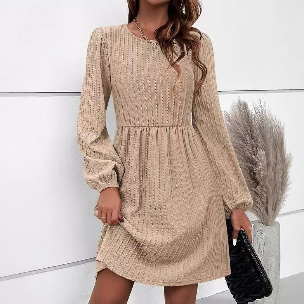 Dress for Women – Knitted Jacquard – A-line Fit – Long Puff Sleeves – Round Neck