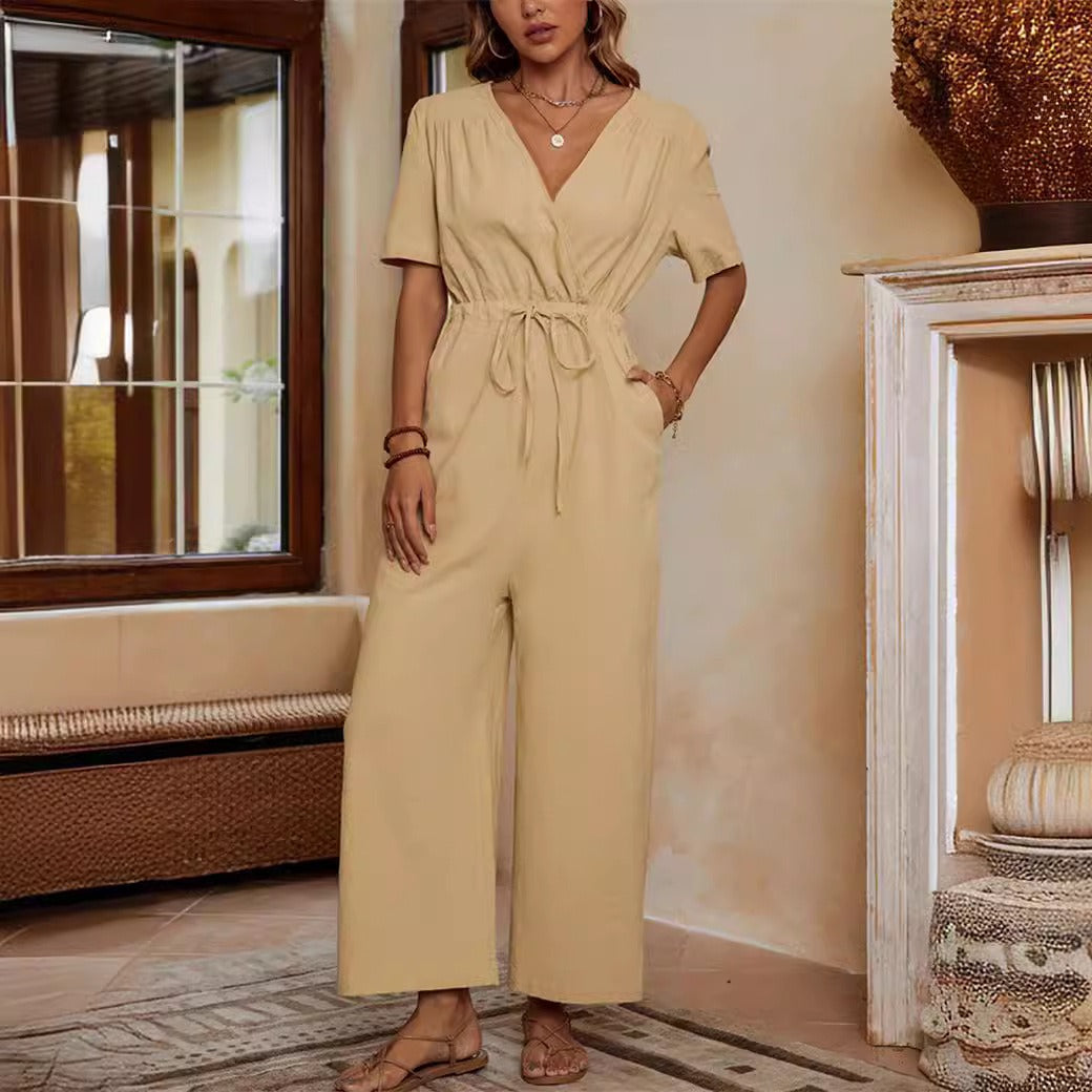 Women's jumpsuit – Linen cotton – V-neck – Waist tie – Wide leg – Short-sleeved
