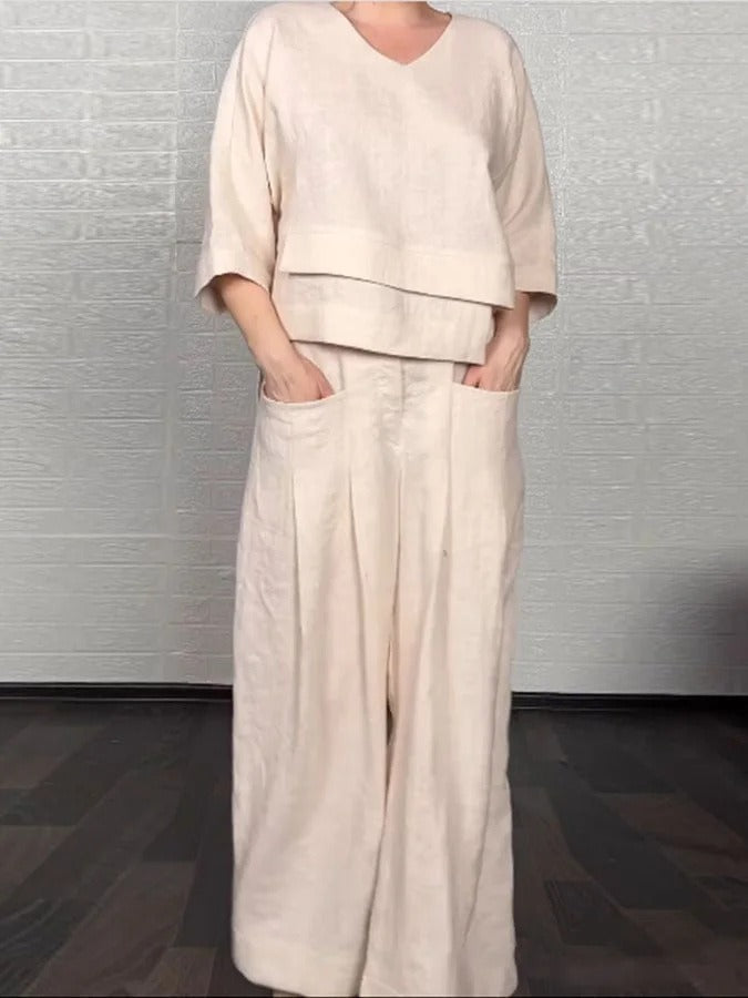 Women's Set – Oversized V-neck Top – Wide High-waisted Pants – Light Linen and Cotton