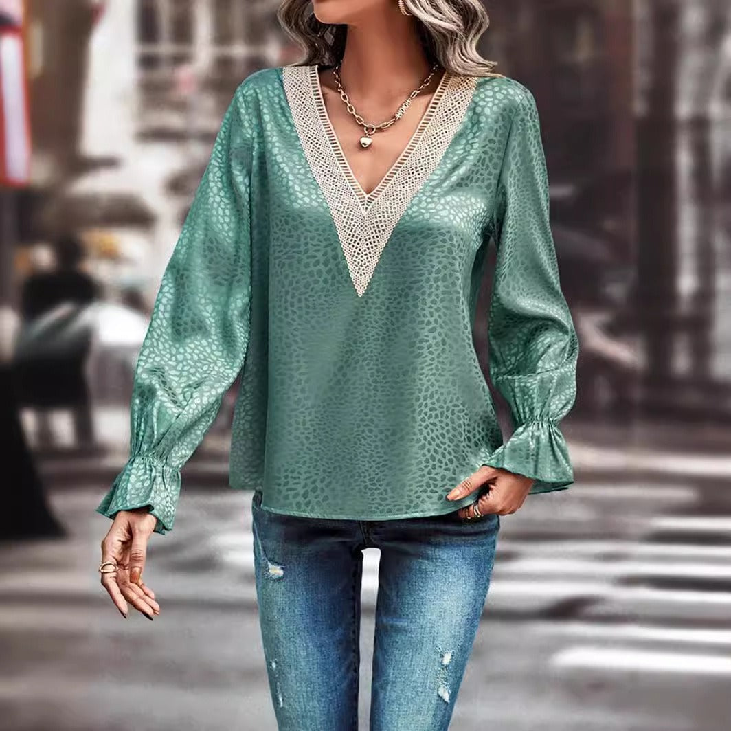 Women's Blouse – Jacquard Structure – Lace V-neck – Wide Cuffs – Relaxed Fit