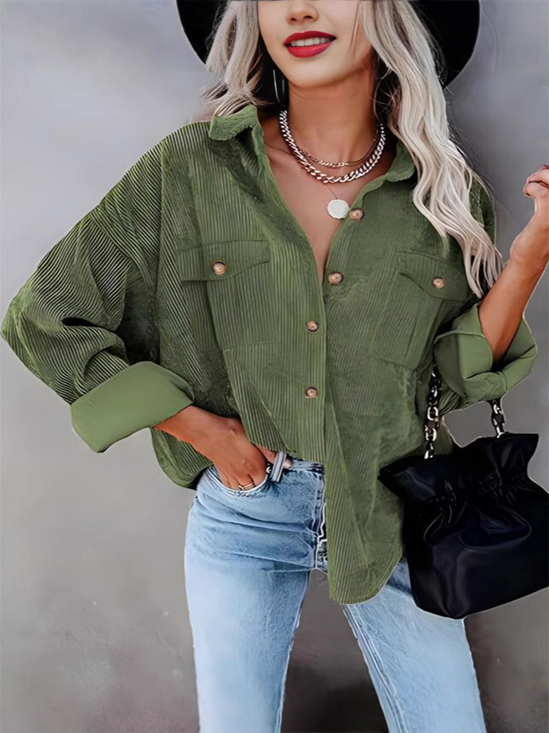 Women's Coat – Corduroy – Loose Fit – Long Sleeved – Button Closure – Hip Length
