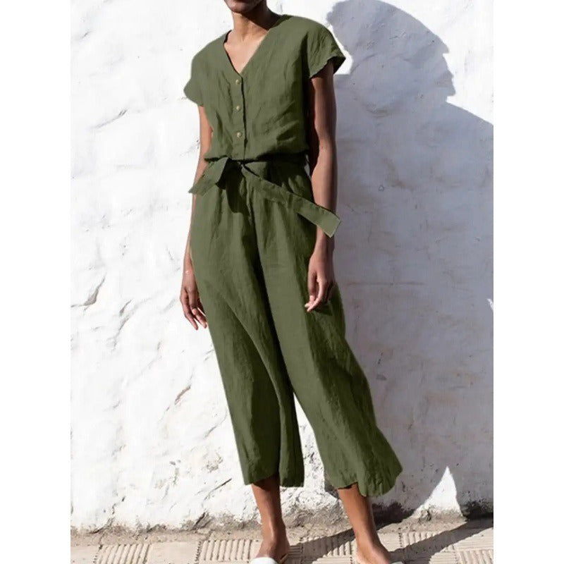 Women's jumpsuit – relaxed fit – cotton blend – V-neck – short sleeves – tie belt