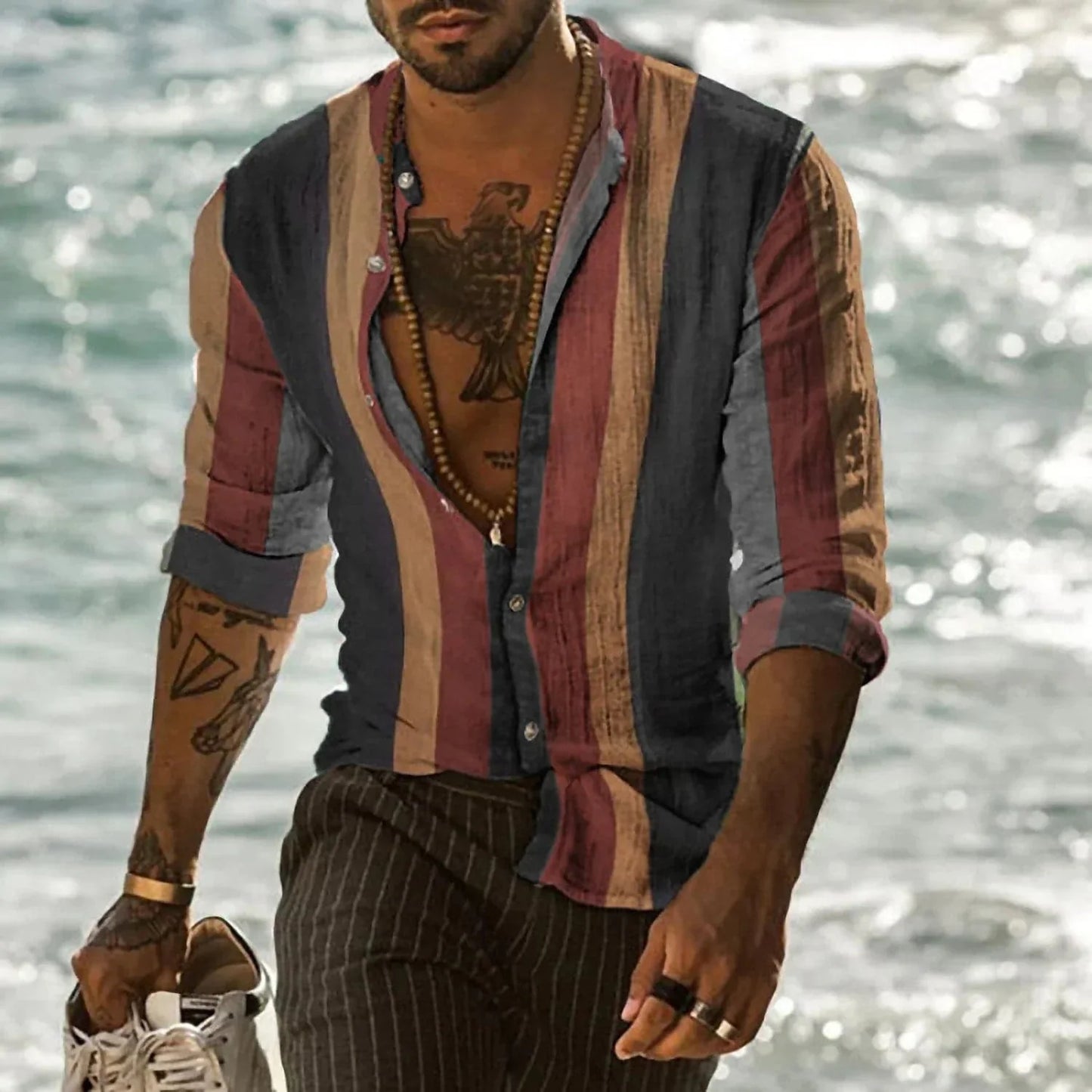 Men's Shirt - Breathable Linen Blend - Relaxed Fit - Long Sleeves - Striped Casual