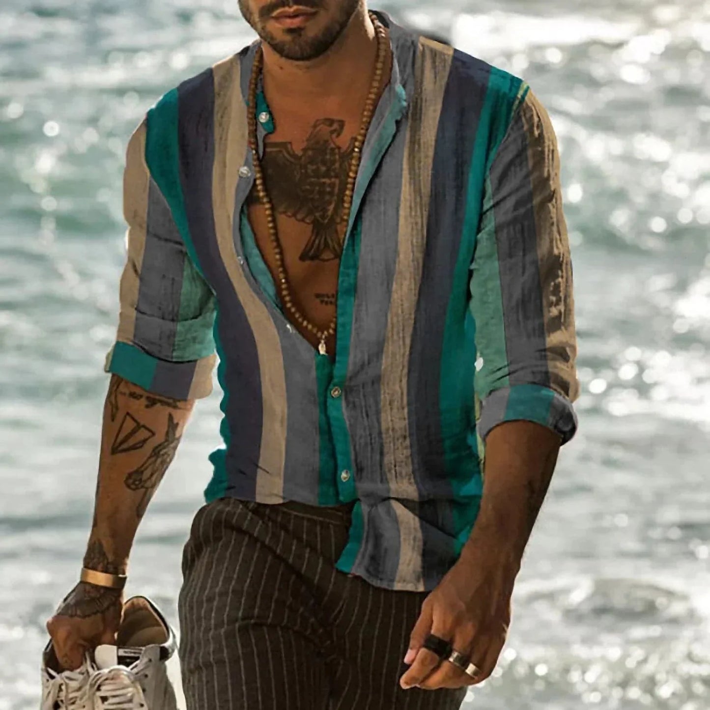Men's Shirt - Breathable Linen Blend - Relaxed Fit - Long Sleeves - Striped Casual