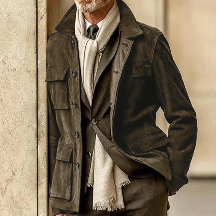 Men's Leather Jacket – Suede Leather – Tailored Fit – Button Closure – Notch Lapel