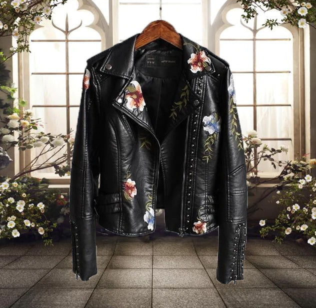 Women's Biker Jacket – Tailored Fit – Floral Embroidery – Stud Details – Asymmetric Zipper