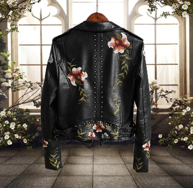Women's Biker Jacket – Tailored Fit – Floral Embroidery – Stud Details – Asymmetric Zipper