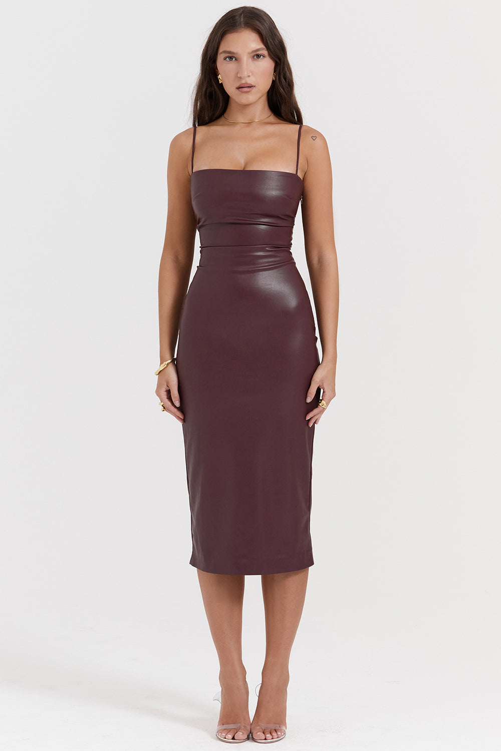 Women's Dress – Leather – Slim Fit – Strapless with Spaghetti Straps – Midi Length