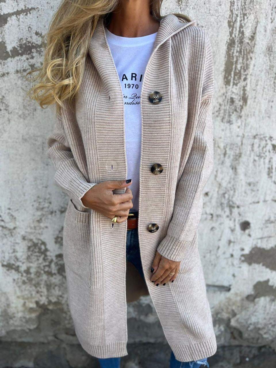 Women's Long Knit Cardigan - Soft and Comfortable - Buttons and Pockets - With Shawl Collar