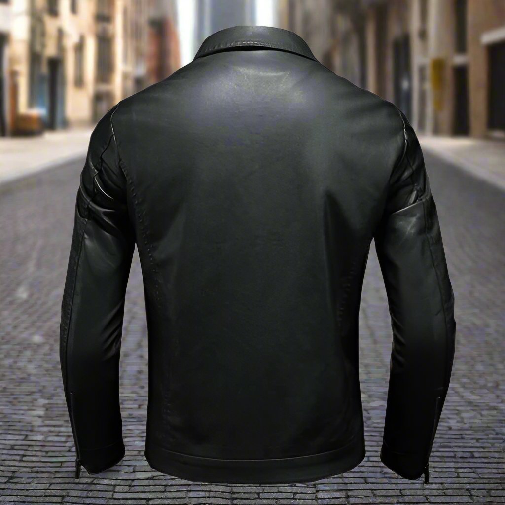 Men's Leather Jacket - Zipper Closure - Pointed Collar - Tailored Fit - Chest Pockets
