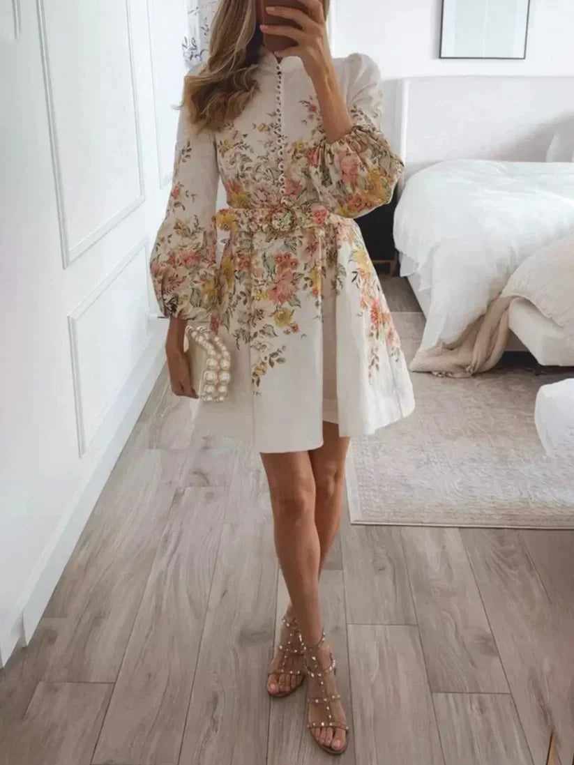 Dress for Women – Flattering A-line – Puff Sleeves – Front Buttons – Floral Print