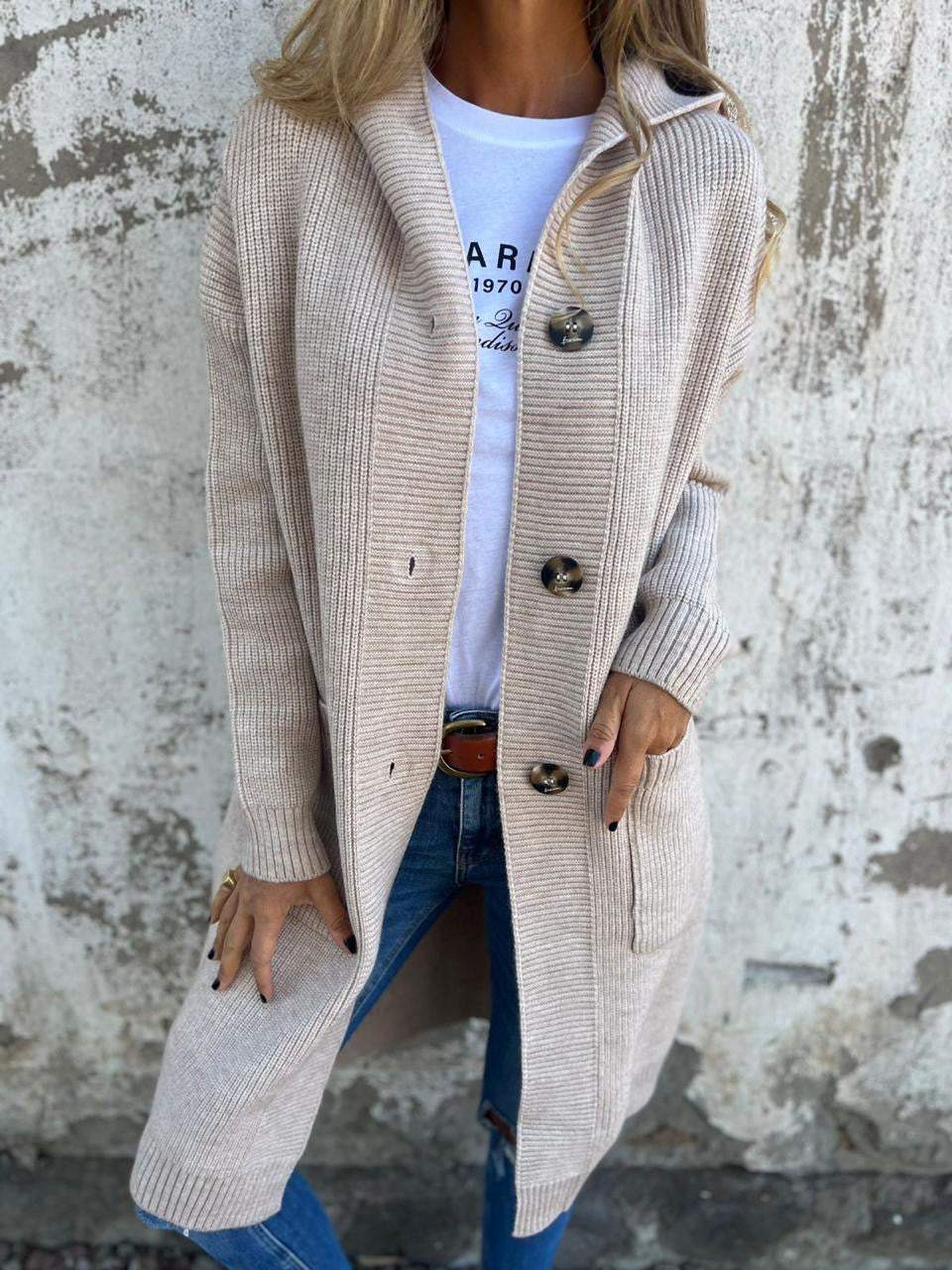 Women's Long Knit Cardigan - Soft and Comfortable - Buttons and Pockets - With Shawl Collar