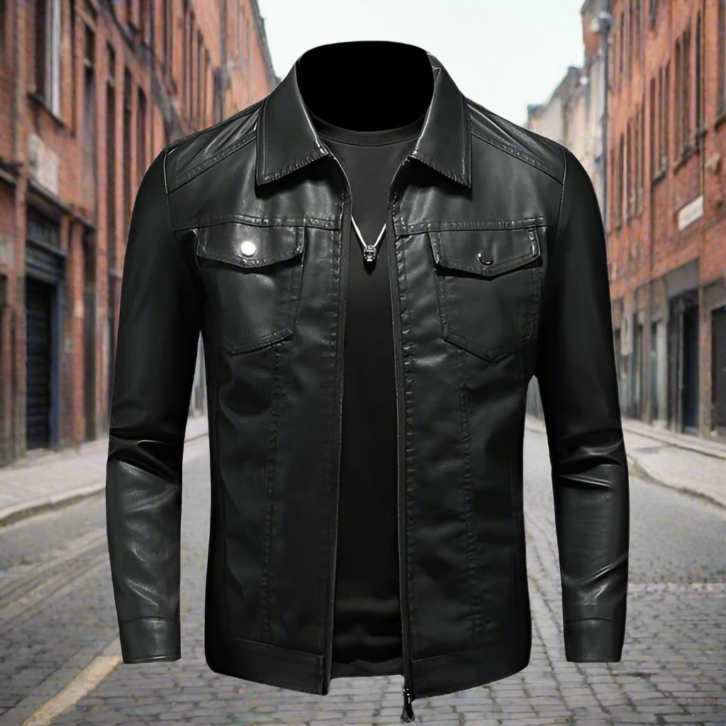 Men's Leather Jacket - Zipper Closure - Pointed Collar - Tailored Fit - Chest Pockets