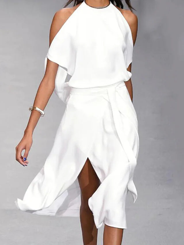 Women's Dress - Halterneck with Open Shoulders - Draped Fit - Front Slit Elegant Design
