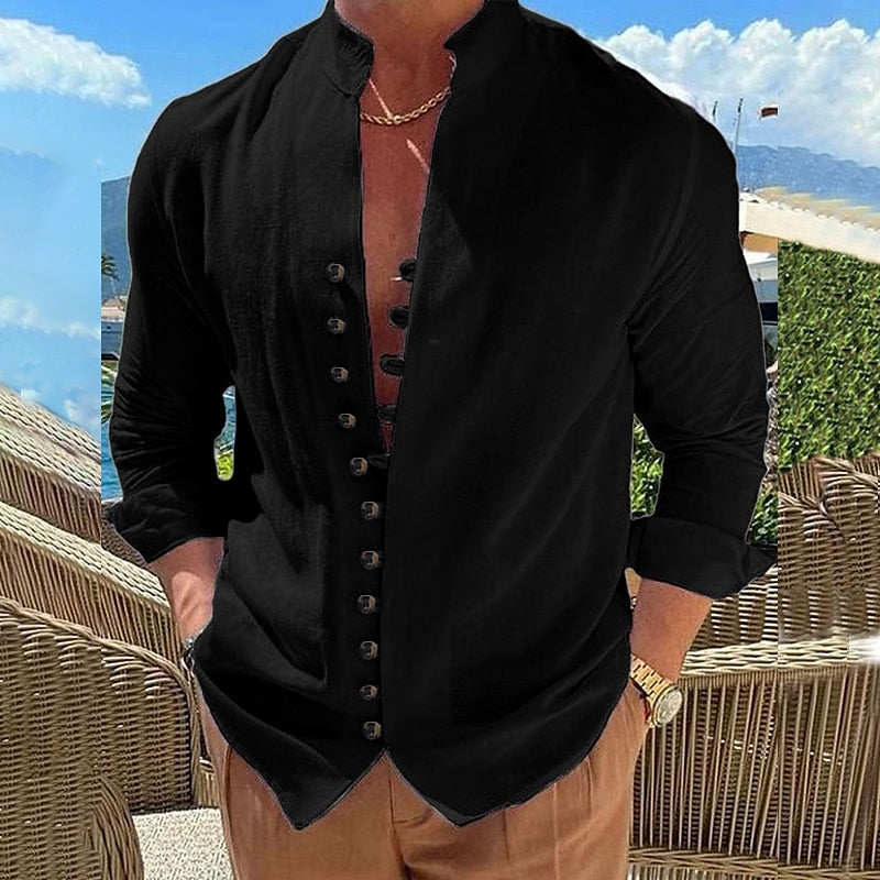 Men's Shirt - Long Sleeve Slim Fit - Mandarin Collar - Stylish and Comfortable