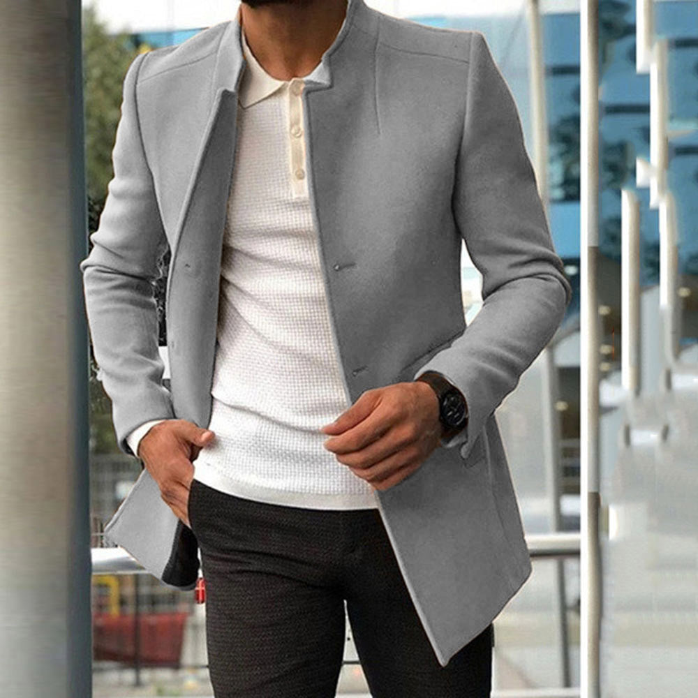 Men's Coat - Slim Fit - Stand Collar - Minimalist Design - Medium Length