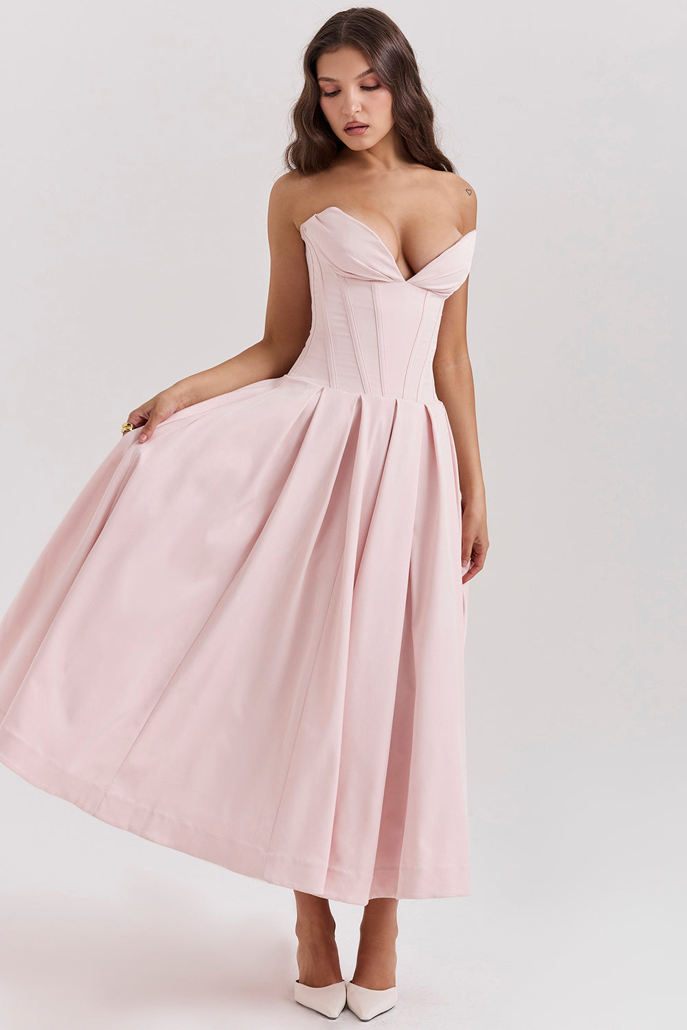 Women's midi dress – Strapless – Structured waist – A-line – Silky fabric