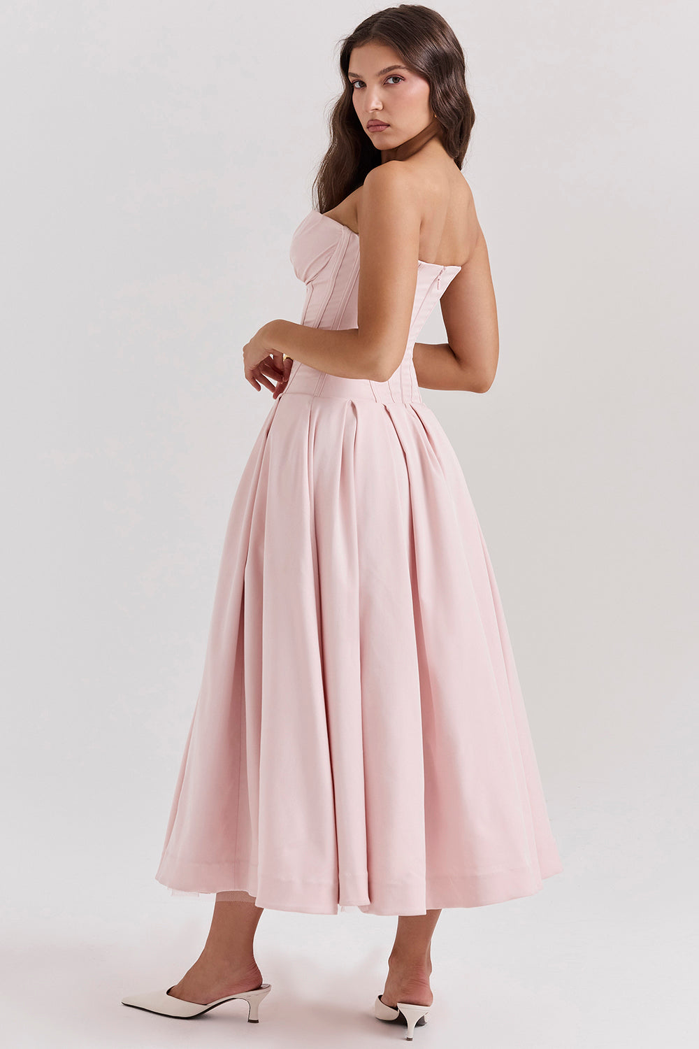 Women's midi dress – Strapless – Structured waist – A-line – Silky fabric