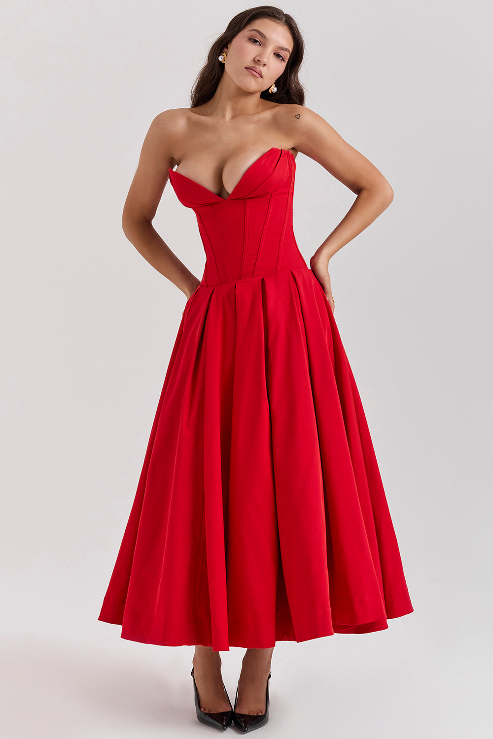 Women's midi dress – Strapless – Structured waist – A-line – Silky fabric