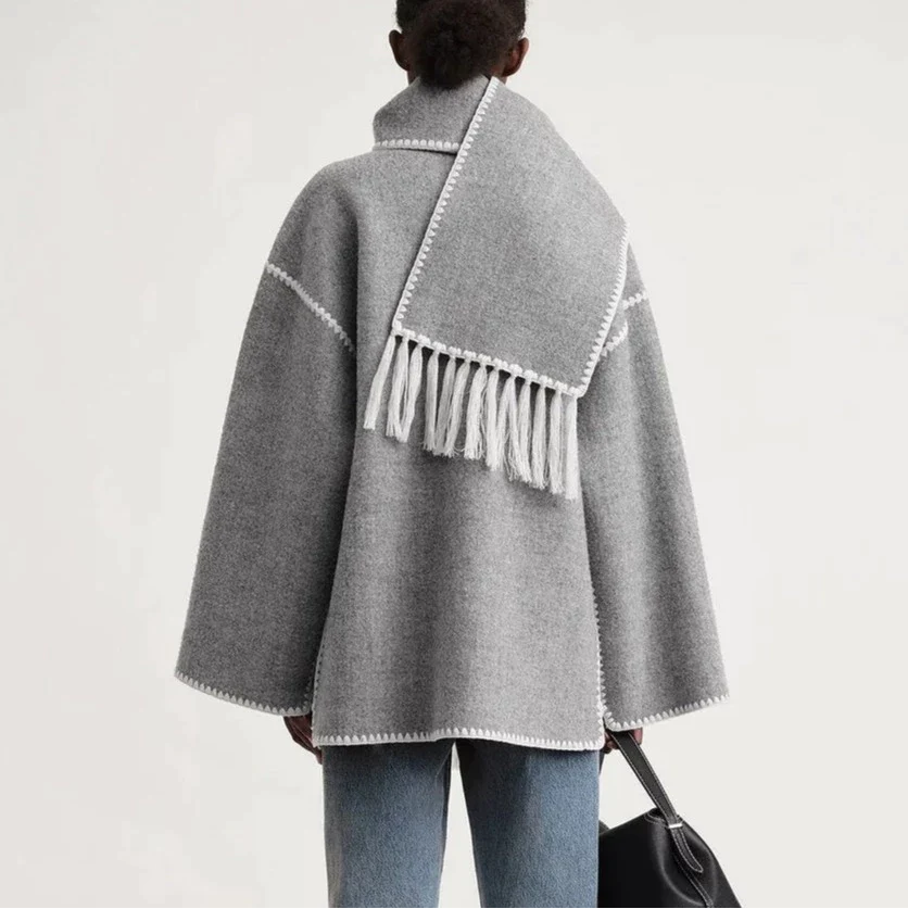 Women's Wool Coat - Oversized Fit - Scarf Collar with Fringes - Decorative Stitching - Button Closure