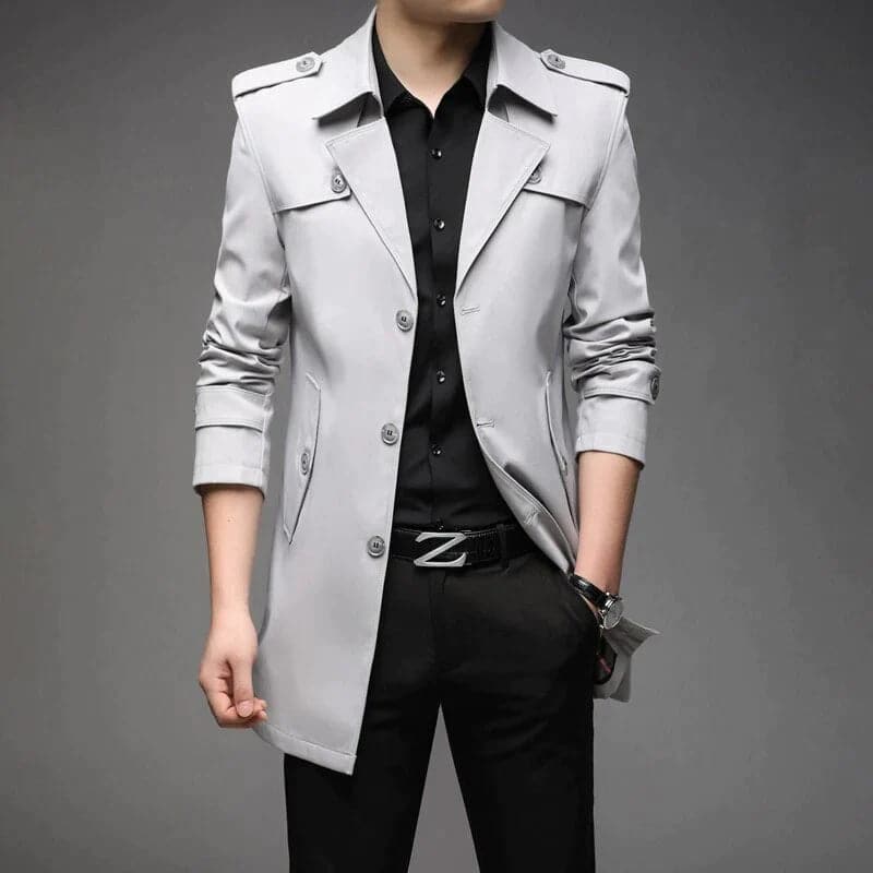 Men's Trench Coat - Classic Cut - Medium Length - Double-Breasted - Adjustable Cuffs