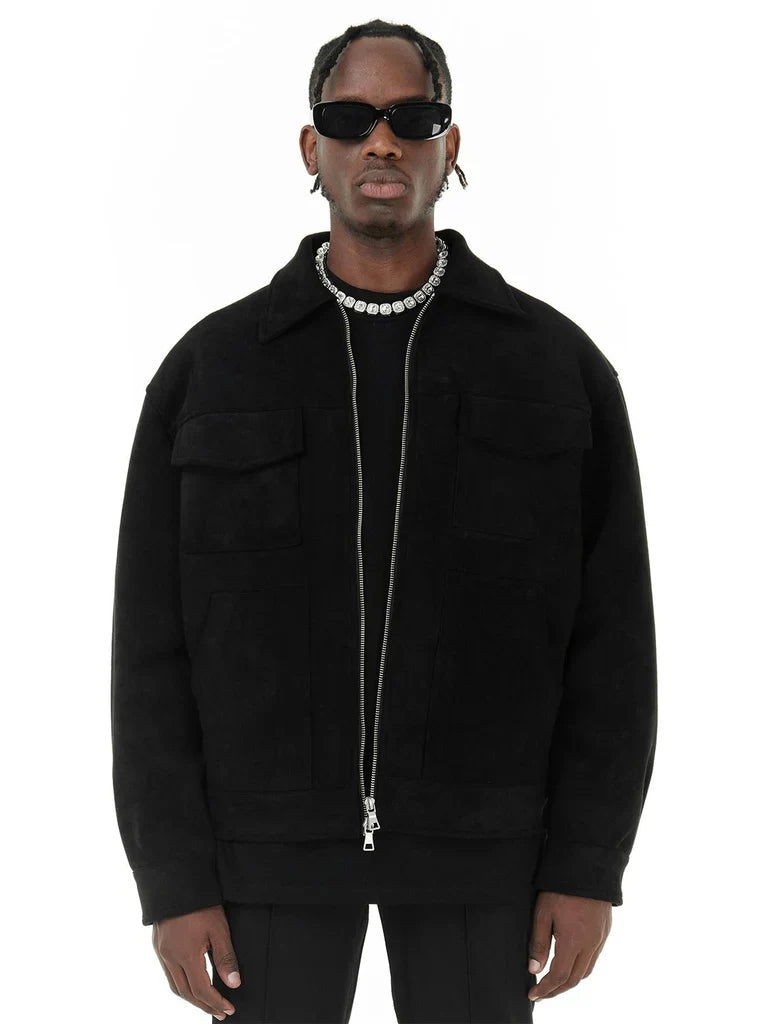Men's Jacket – Oversized Fit – Suede Look – Zipper – Chest Pockets – Classic Collar