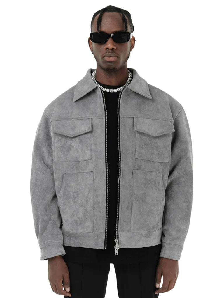 Men's Jacket – Oversized Fit – Suede Look – Zipper – Chest Pockets – Classic Collar