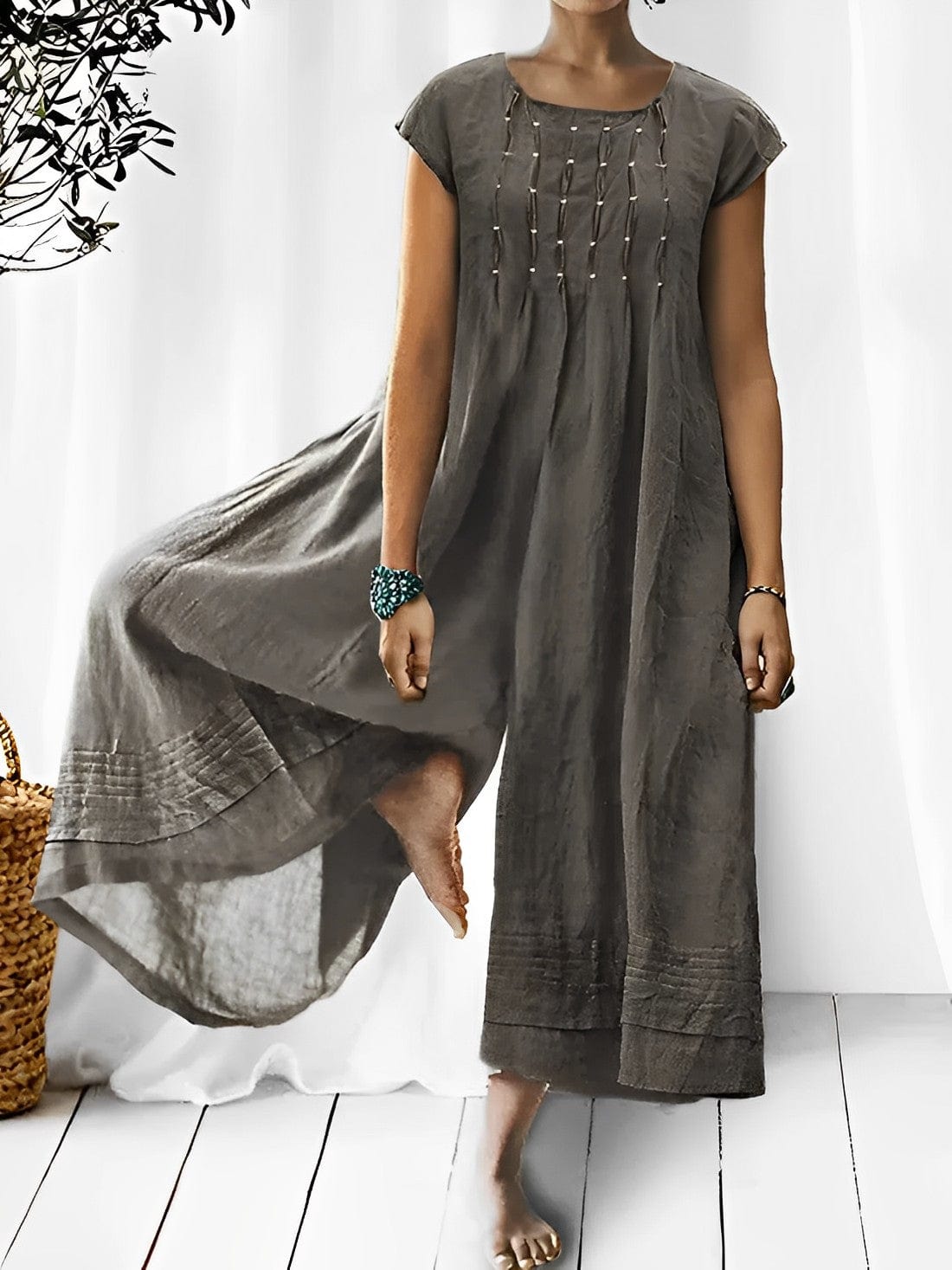 Women's Jumpsuit – Relaxed Fit – Natural Fibers – Short Sleeves – Ankle Length