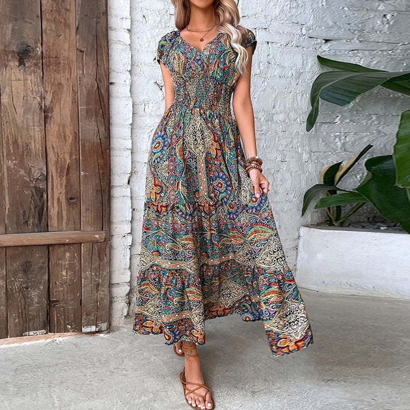 Dame Maxi Kjole - Bohemisk Design - V-hals - Korte Ermer - Elastisk Midje