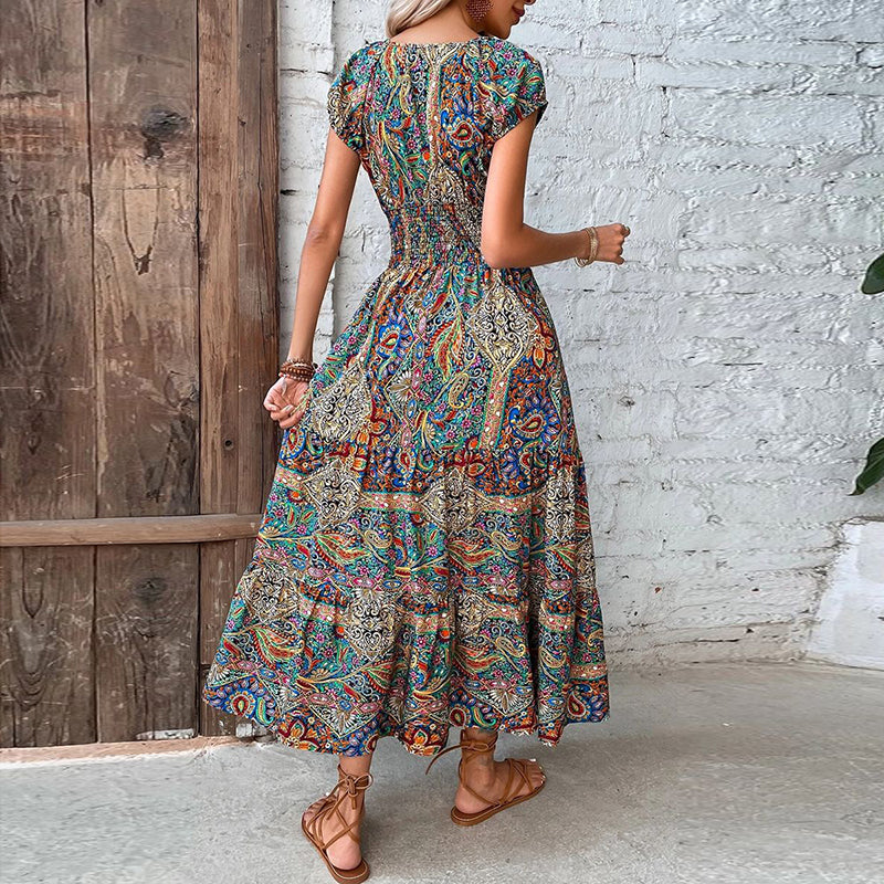 Dame Maxi Kjole - Bohemisk Design - V-hals - Korte Ermer - Elastisk Midje