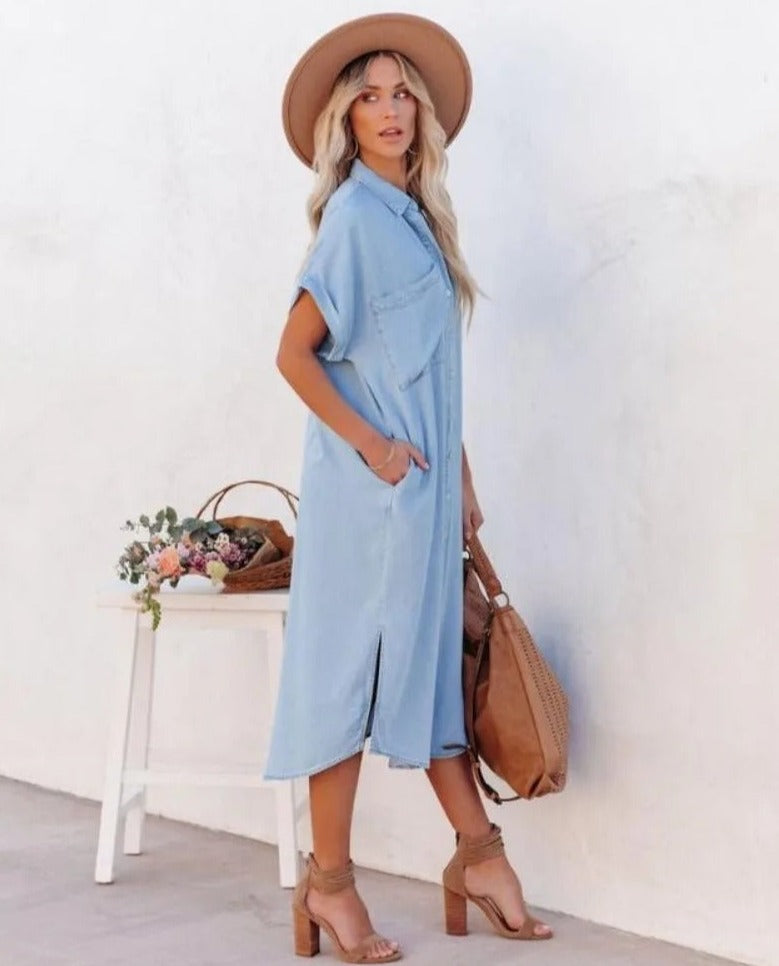 Women's Shirt Dress – Relaxed Fit – Short Sleeve – Button Closure – Breathable Fabric