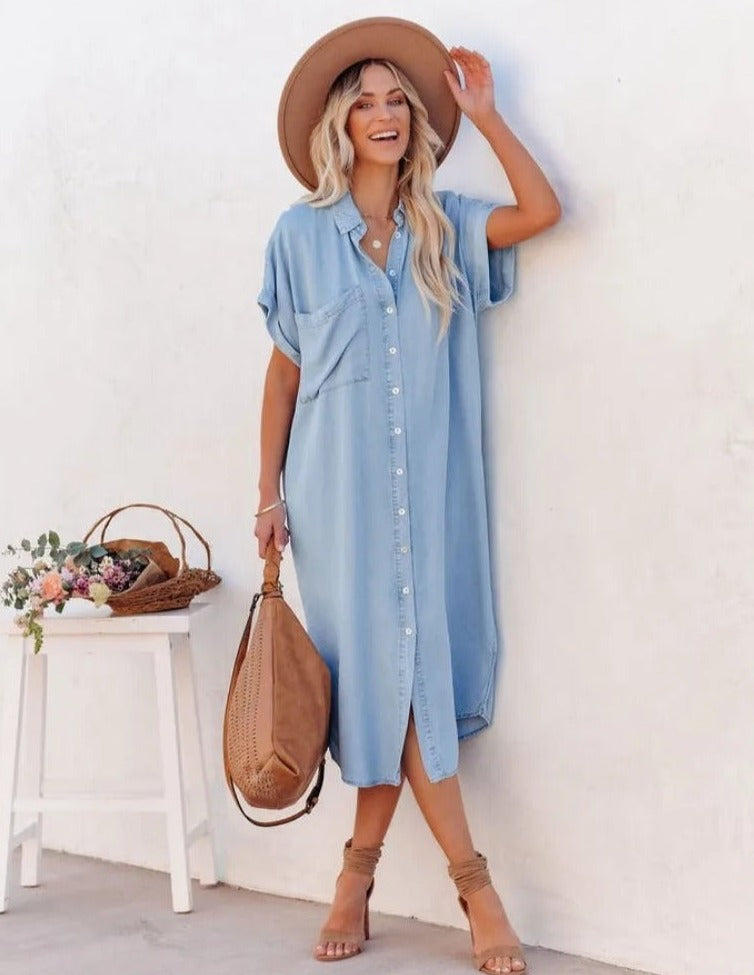 Women's Shirt Dress – Relaxed Fit – Short Sleeve – Button Closure – Breathable Fabric
