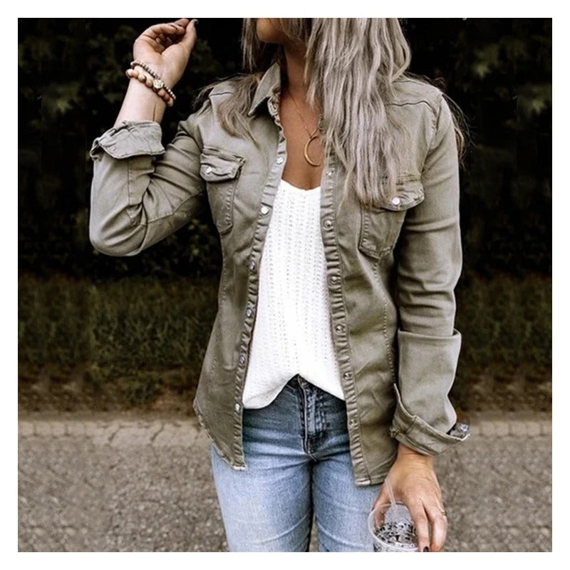 Women's Denim Jacket – Tailored Fit – Button Front – Chest Pockets – Structured Layer
