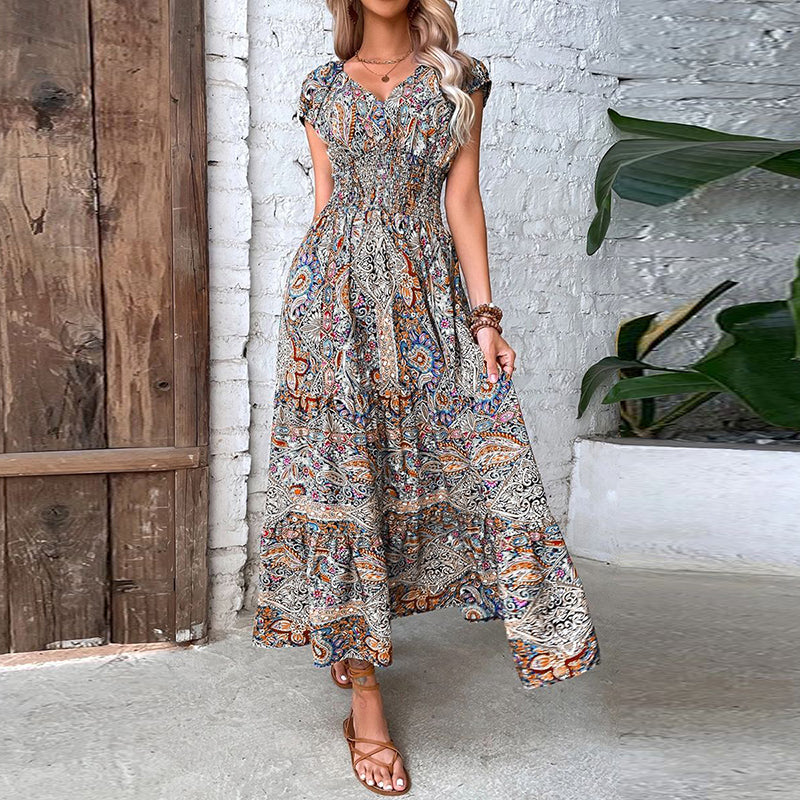 Dame Maxi Kjole - Bohemisk Design - V-hals - Korte Ermer - Elastisk Midje