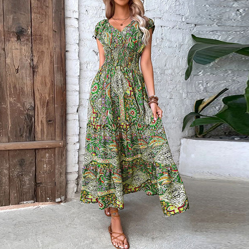 Dame Maxi Kjole - Bohemisk Design - V-hals - Korte Ermer - Elastisk Midje