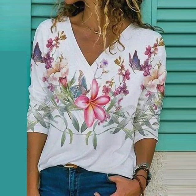 Women's Blouse – V-Neck – Loose Fit – Breathable Fabric – Abstract Floral Pattern