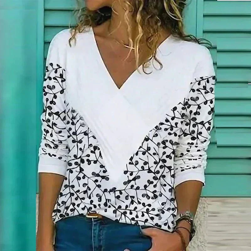 Women's Blouse – V-Neck – Loose Fit – Breathable Fabric – Abstract Floral Pattern