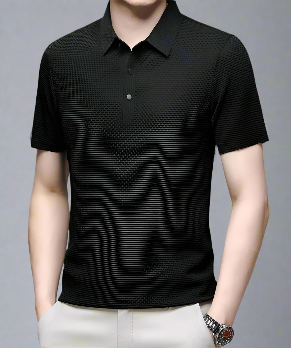 Men's Polo Shirt - Textured Waffle Pattern - Collar with Quarter Button Placket - Breathable