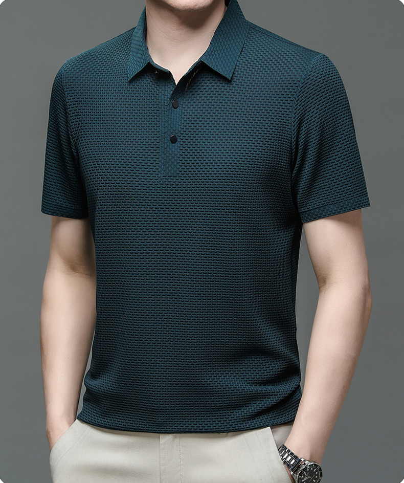 Men's Polo Shirt - Textured Waffle Pattern - Collar with Quarter Button Placket - Breathable