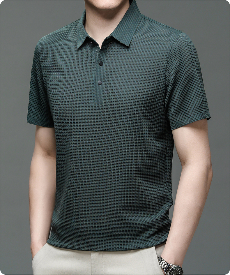 Men's Polo Shirt - Textured Waffle Pattern - Collar with Quarter Button Placket - Breathable