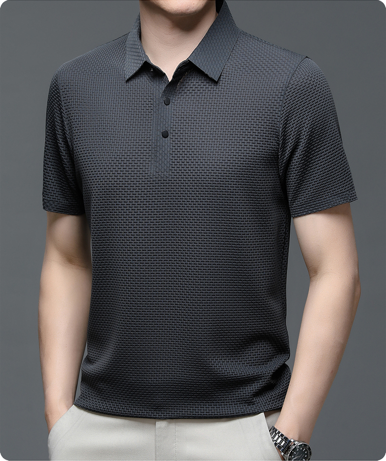 Men's Polo Shirt - Textured Waffle Pattern - Collar with Quarter Button Placket - Breathable