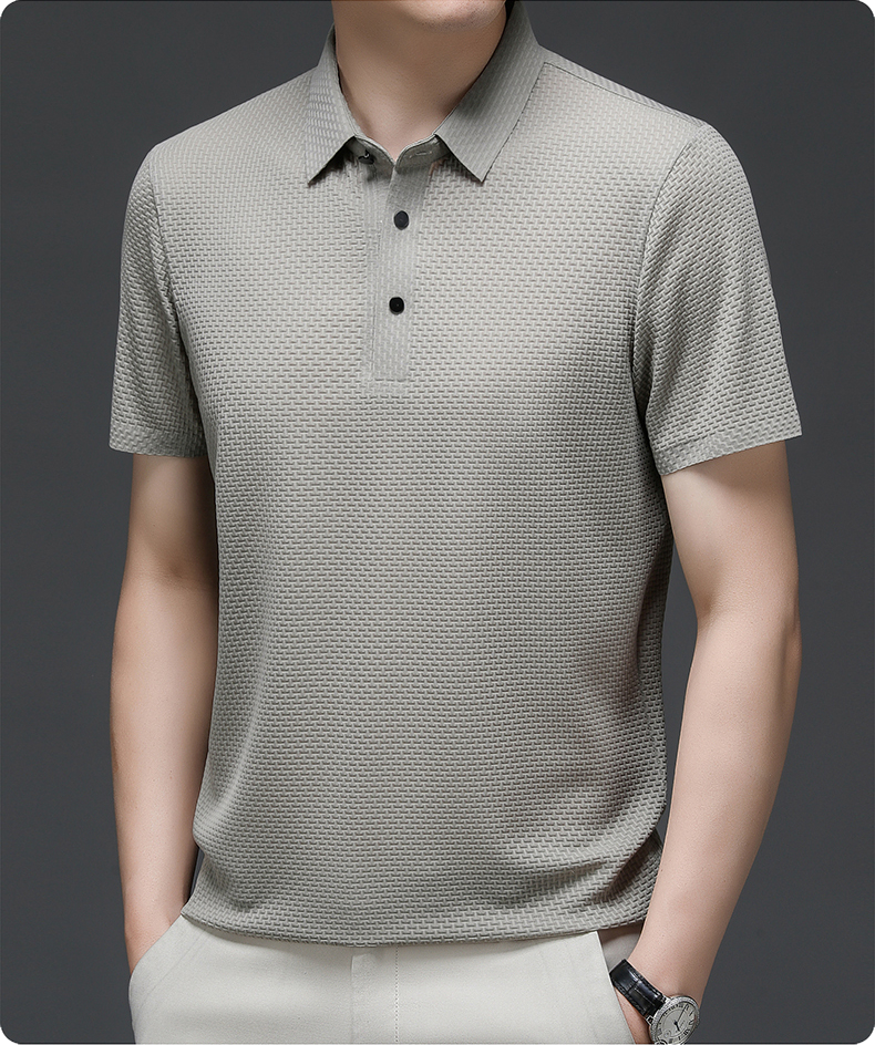 Men's Polo Shirt - Textured Waffle Pattern - Collar with Quarter Button Placket - Breathable