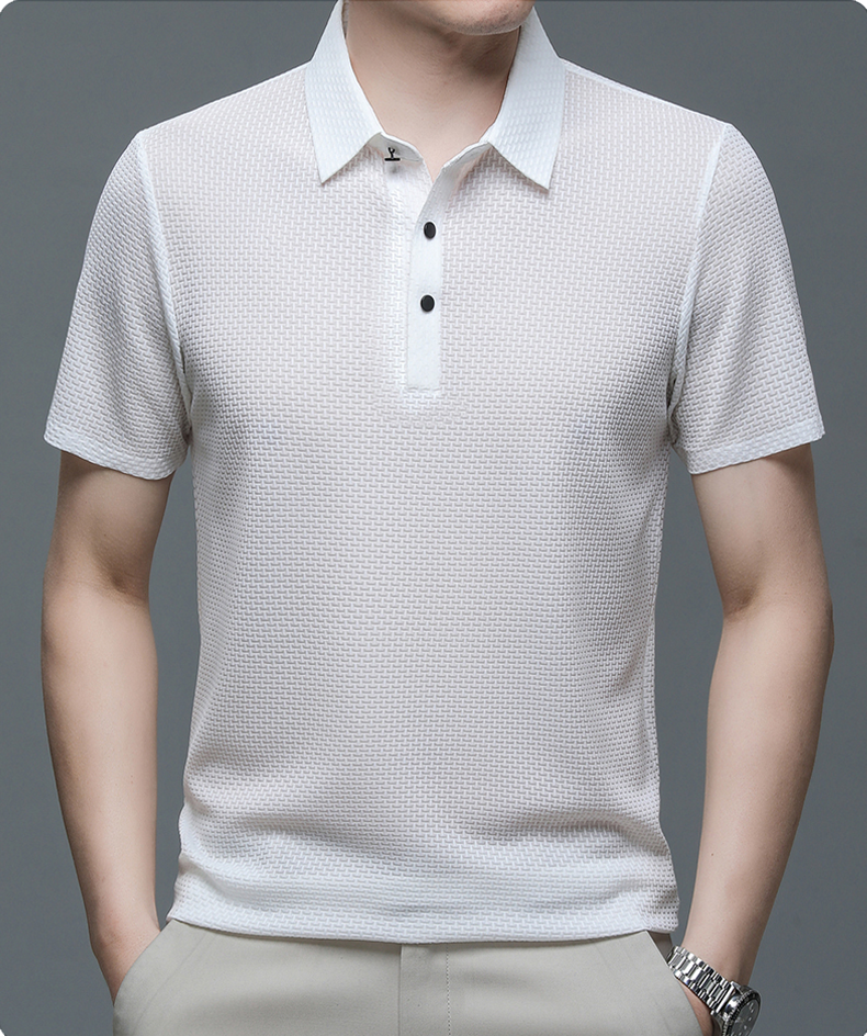 Men's Polo Shirt - Textured Waffle Pattern - Collar with Quarter Button Placket - Breathable